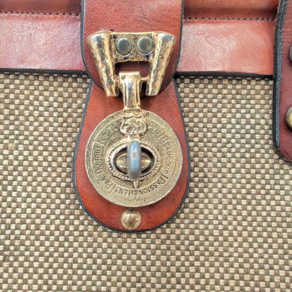 John Romain Vintage Leather Canvas Satchel Bag Je Taime Clasp Studded Brown Tan - Picture 2 of 10